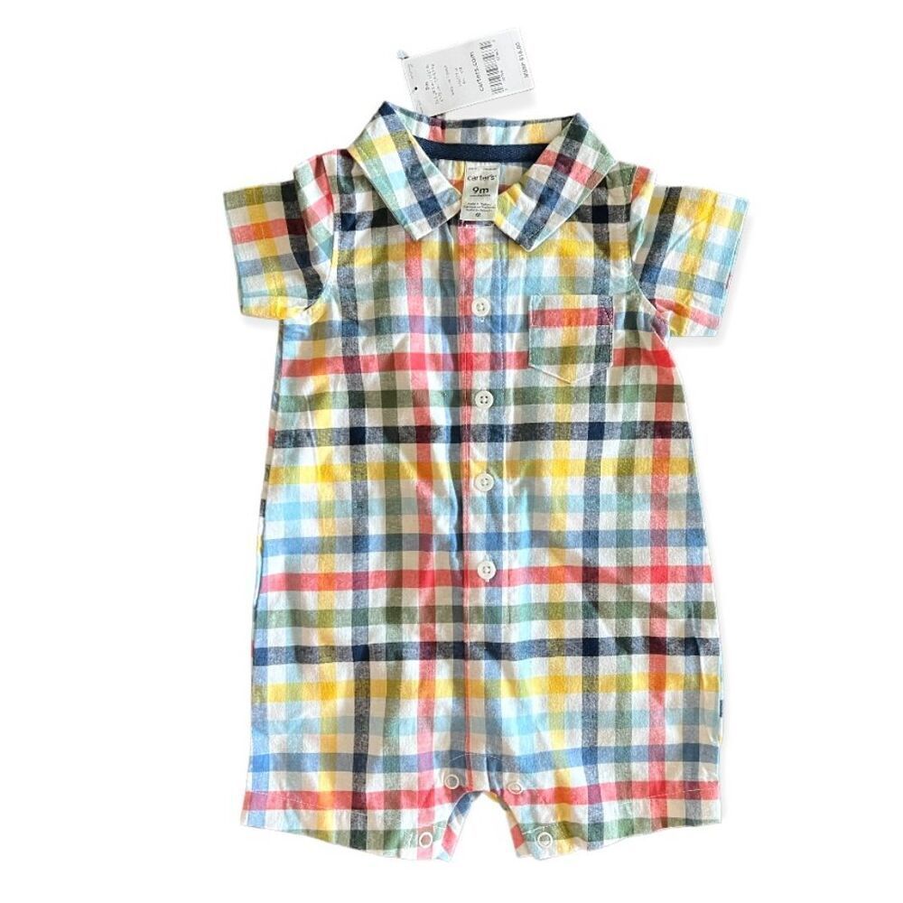 NWT Baby Boys Carters Polo Gingham Button Down Romper - Sz 12 mo